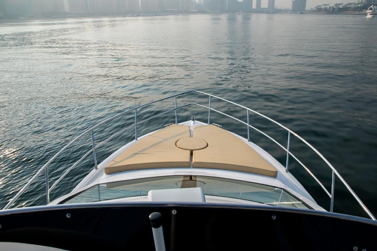 Foredeck sun pad at golden hour